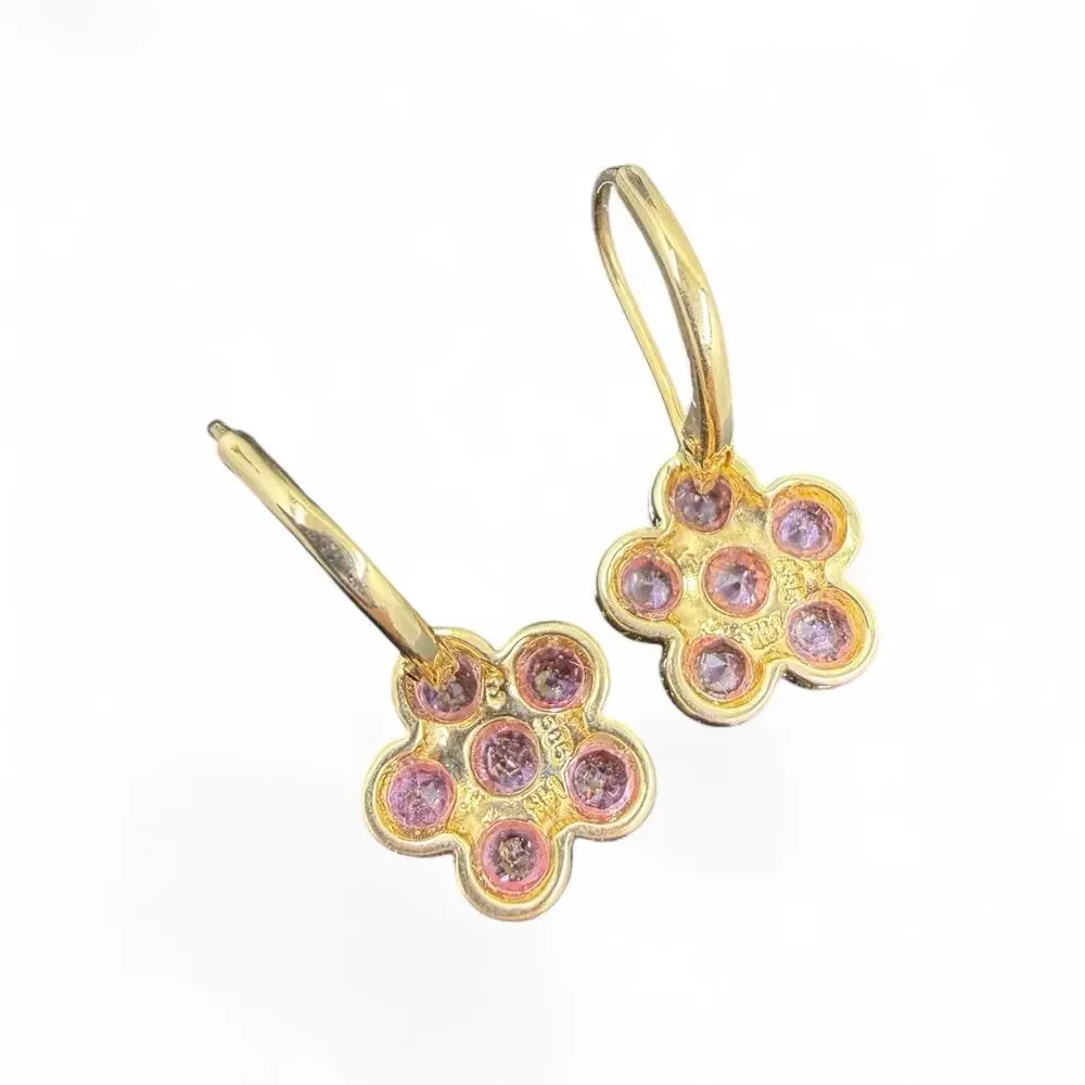 14k Yellow Gold Natural Pink Sapphire Flower Earrings Leverback Daisies Daisy